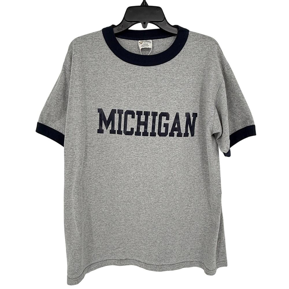 Vintage MICHIGAN Ringer Neck T-Shirt Grey Navy Logo